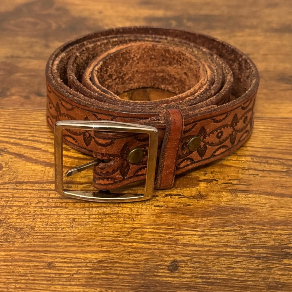 Vintage Hand Tooled Leather Belt Made In USA Extra Long 63 Inch